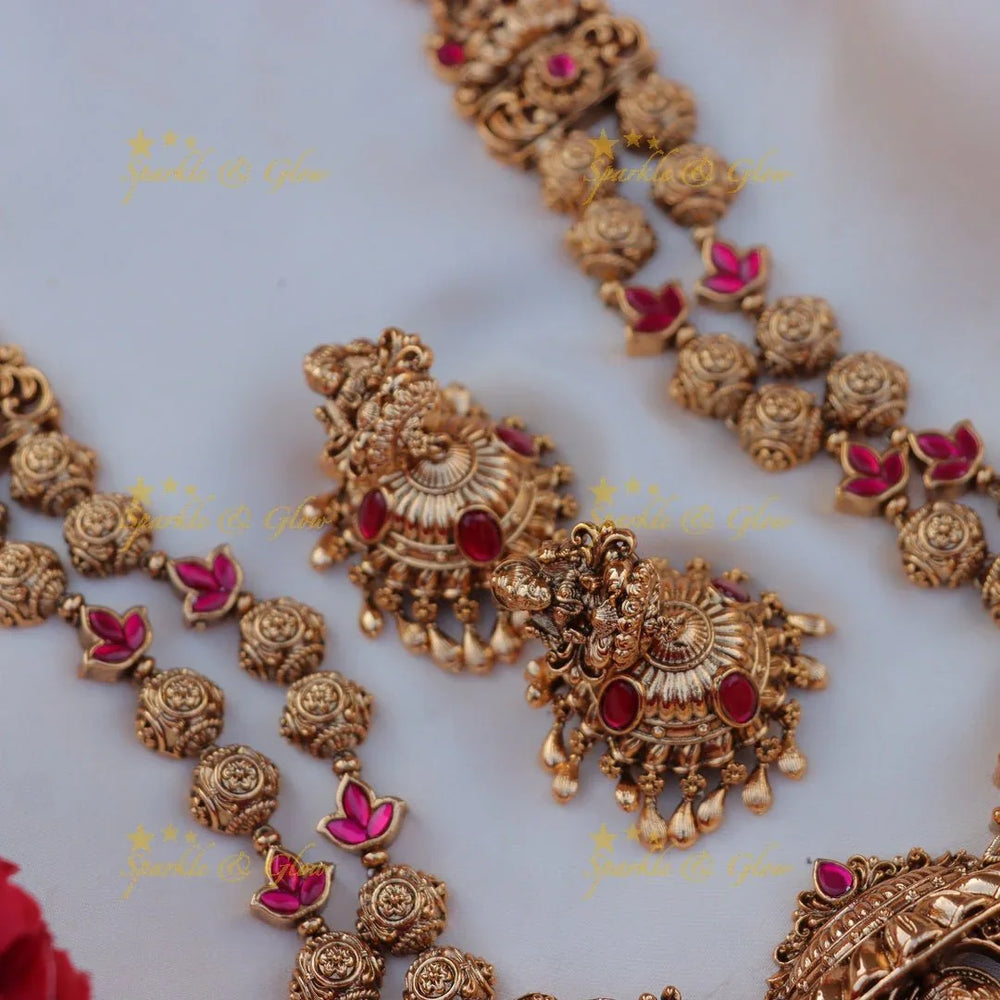 Grand real Jadau Kundan Lakshmi Peacock layered Haram - Sparkle and Glow