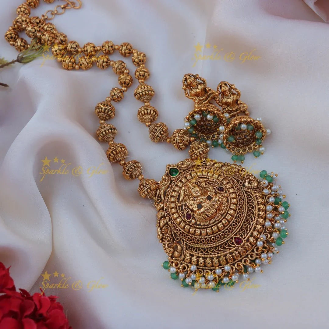 Stunning Kemp Lakshmi Peacock carved gold ball beaded Haram - Sparkle and Glow
