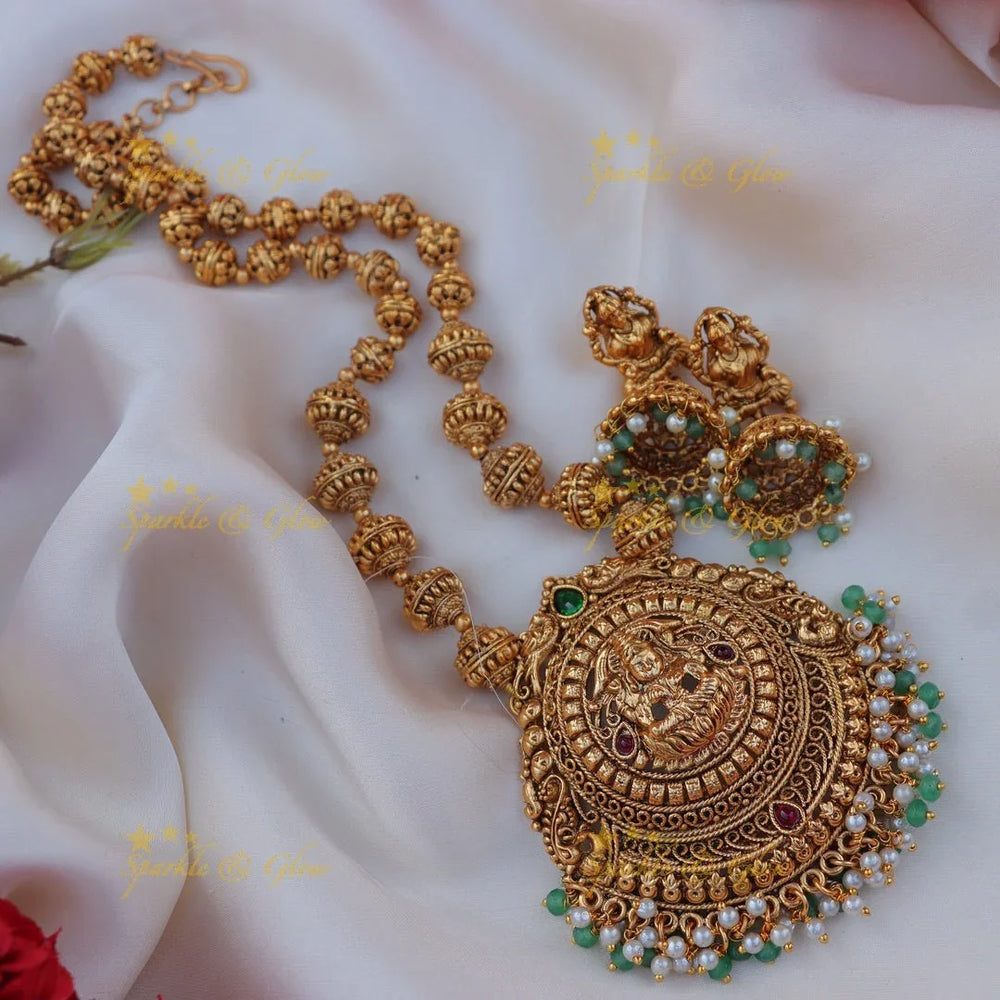 Stunning Kemp Lakshmi Peacock carved gold ball beaded Haram - Sparkle and Glow