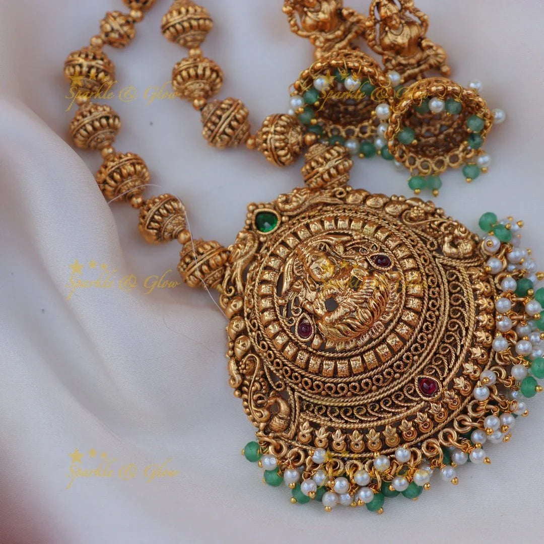 Stunning Kemp Lakshmi Peacock carved gold ball beaded Haram - Sparkle and Glow