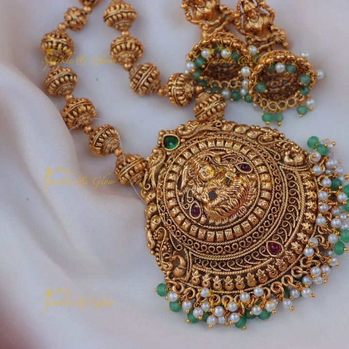 Stunning Kemp Lakshmi Peacock carved gold ball beaded Haram - Sparkle and Glow