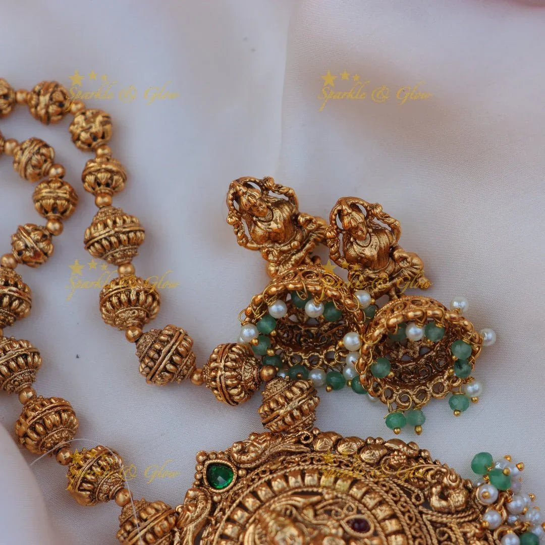 Stunning Kemp Lakshmi Peacock carved gold ball beaded Haram - Sparkle and Glow