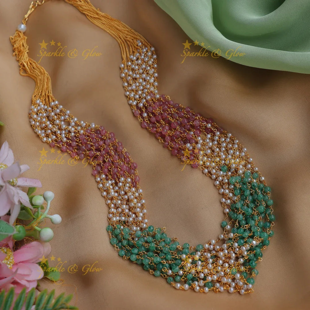Stunning Multilayered Haram with Emerald beads and pearls-Green - Sparkle and Glow