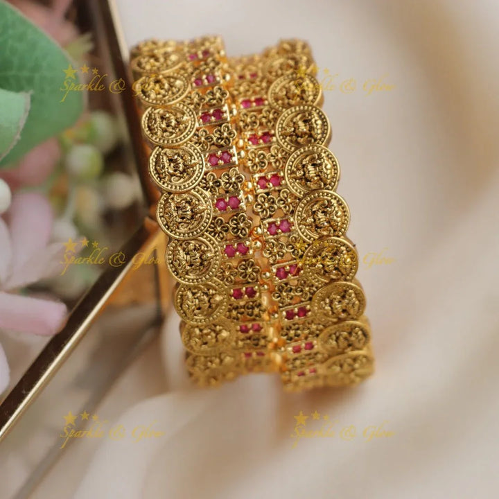 Antique Gold-alike Temple Coin Bangles with White Stone Accents - Sparkle and Glow