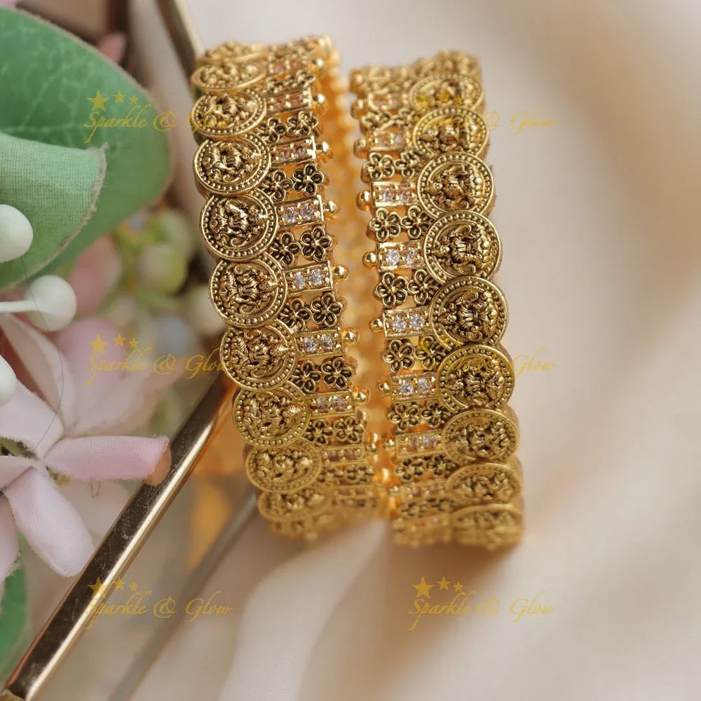 Antique Gold-alike Temple Coin Bangles with White Stone Accents - Sparkle and Glow