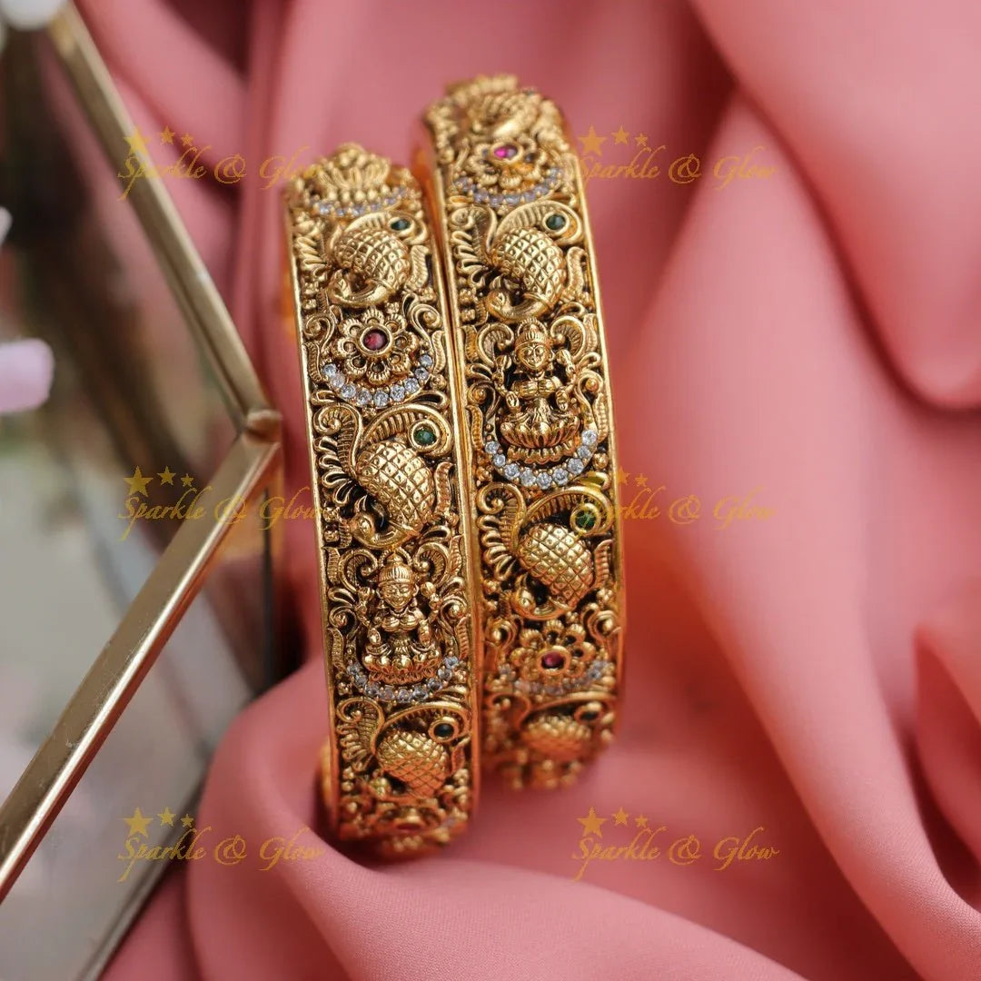 Antique Gold-alike Lakshmi Peacock Temple Bangles - Sparkle and Glow