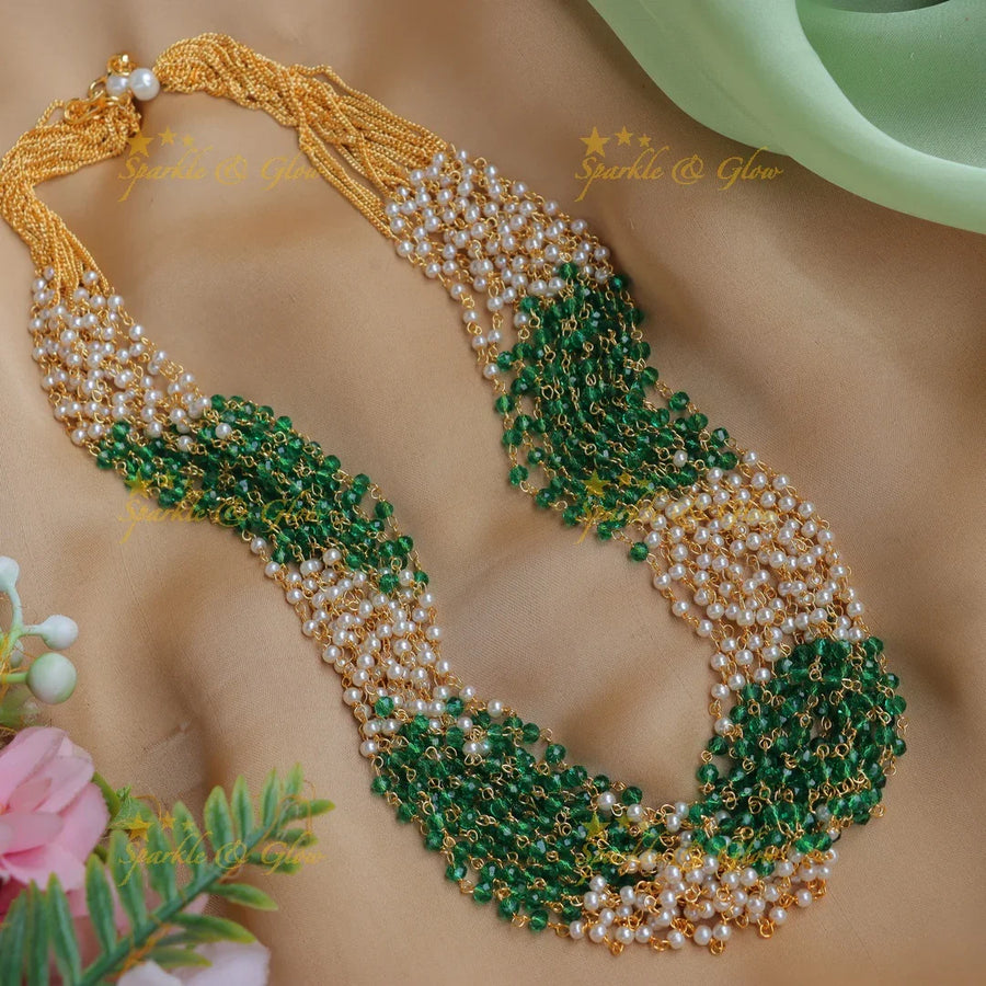 Stunning Multilayered Haram with Emerald beads and pearls-Green - Sparkle and Glow