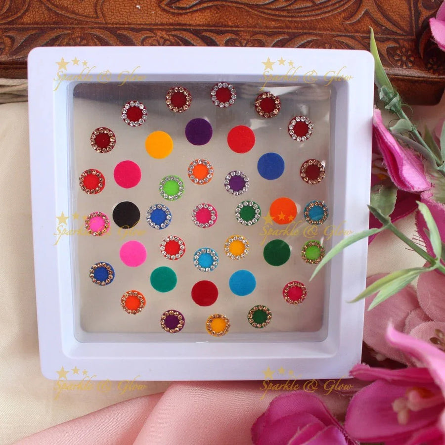 Stunning Round shaped Bindi box with stones and plain design - Sparkle and Glow