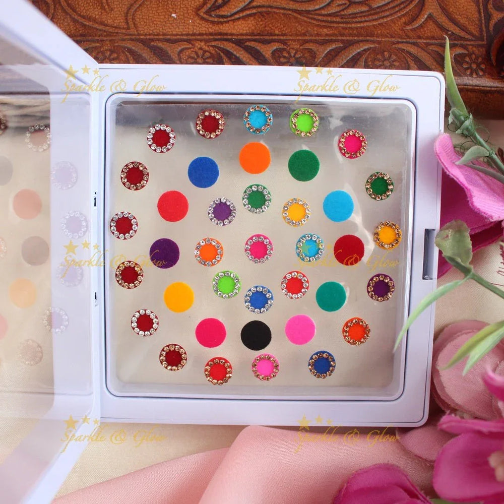 Stunning Round shaped Bindi box with stones and plain design - Sparkle and Glow