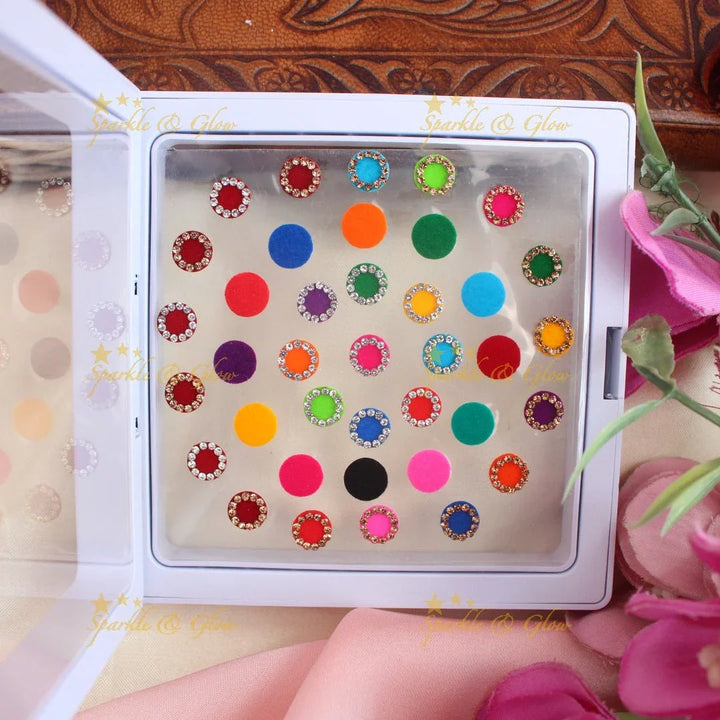Stunning Round shaped Bindi box with stones and plain design - Sparkle and Glow