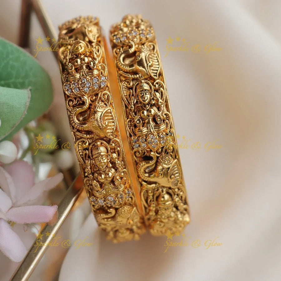 Divine Temple Design Gold-alike Lakshmi Elephant Bangles - Sparkle and Glow
