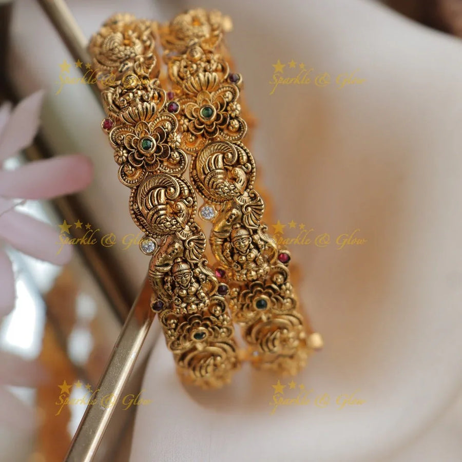 Traditional Antique Gold alike Lakshmi Elephant Peacock carved Bangles - Sparkle and Glow