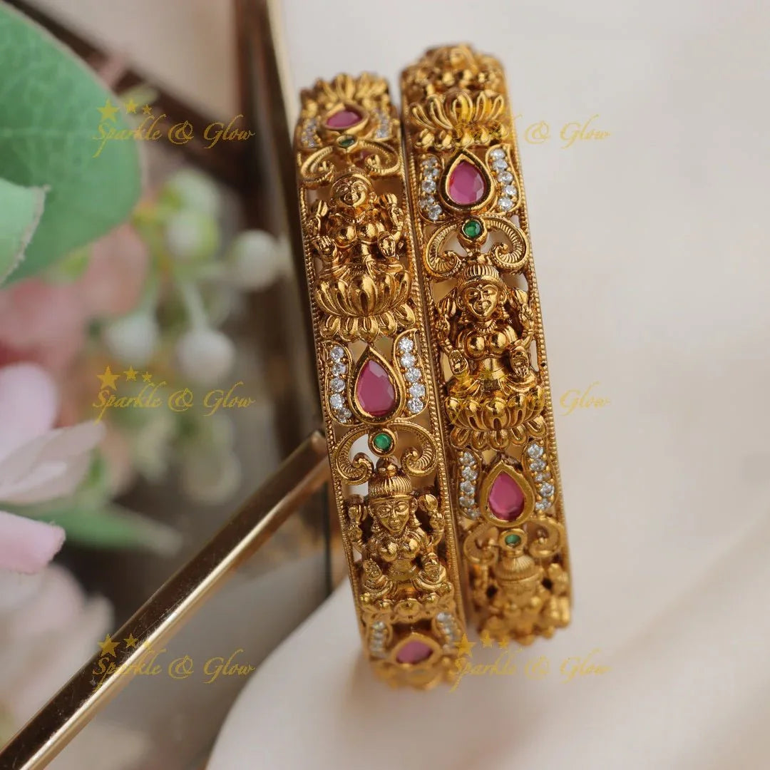 Exquisite Antique Gold alike Lakshmi Lotus bangles with Ruby & Emerald Stones - Sparkle and Glow