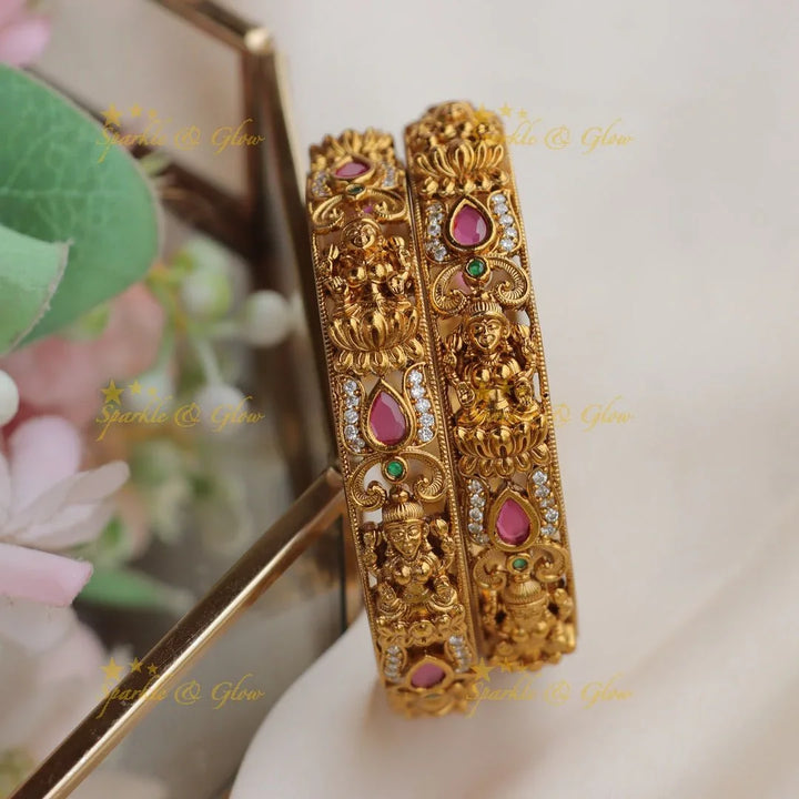 Exquisite Antique Gold alike Lakshmi Lotus bangles with Ruby & Emerald Stones - Sparkle and Glow