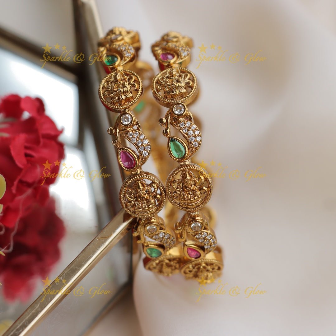 Exquisite Antique Gold alike Bangles with Lakshmi Motif & CZ Stones - Sparkle and Glow - 2.4 -
