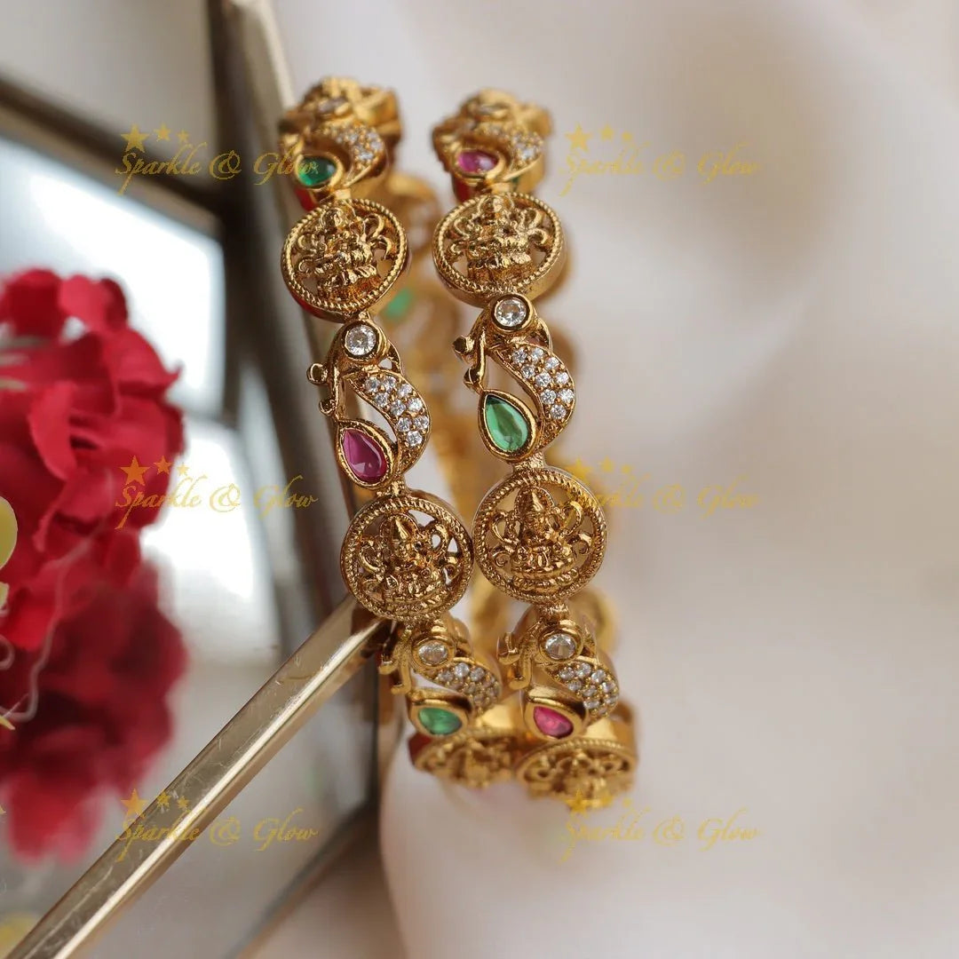 Exquisite Antique Gold alike Bangles with Lakshmi Motif & CZ Stones - Sparkle and Glow