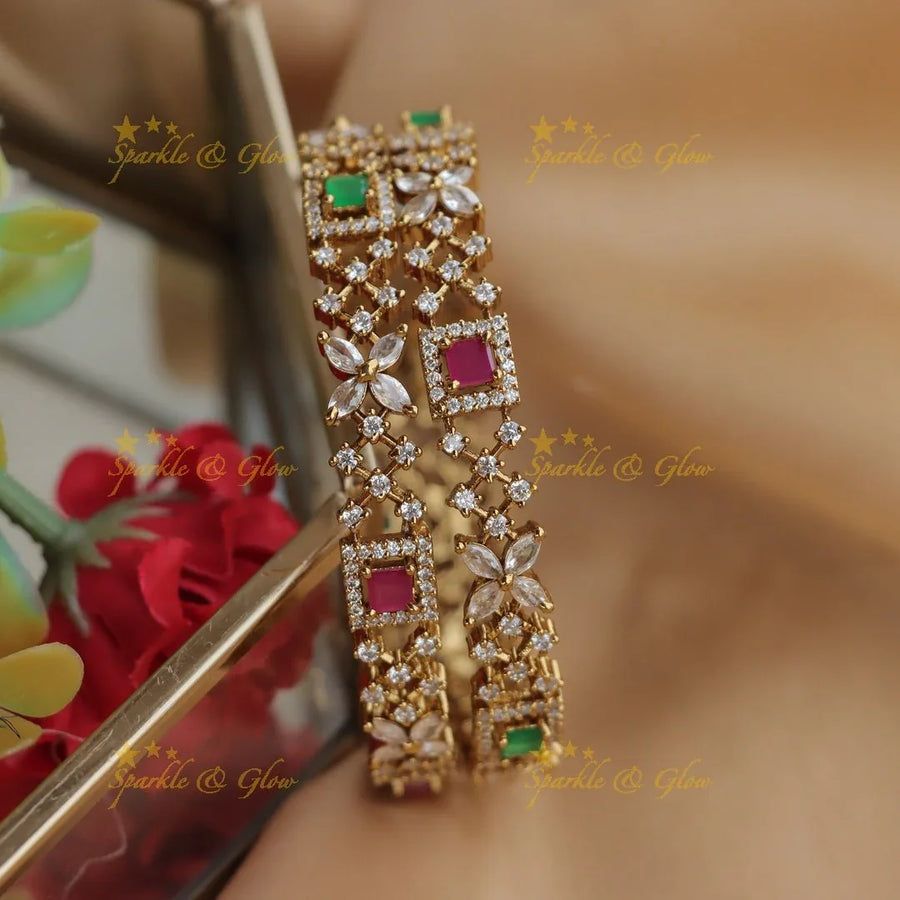 Elegant Gold-alike AD Floral Bangles with Ruby & Emerald Stones - Sparkle and Glow