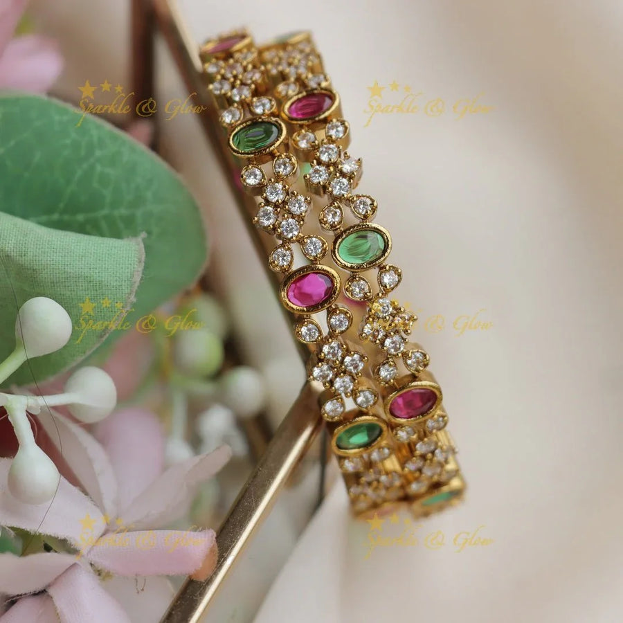 Gold-alike AD Floral Bangles with Pink & Green Stones - Sparkle and Glow