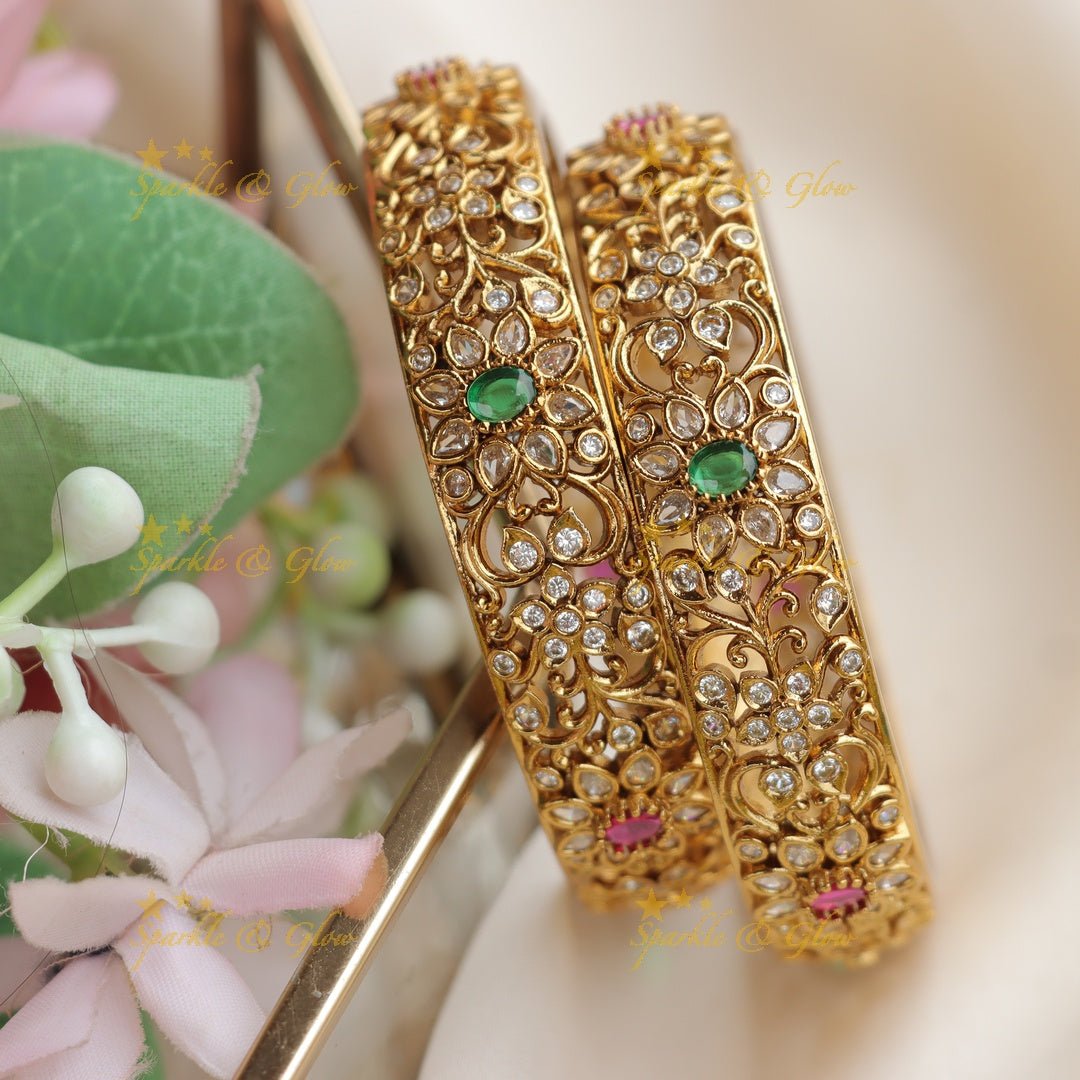Exquisite Kundan & Emerald AD Floral Gold alike Bangles - Sparkle and Glow - 2.4 -