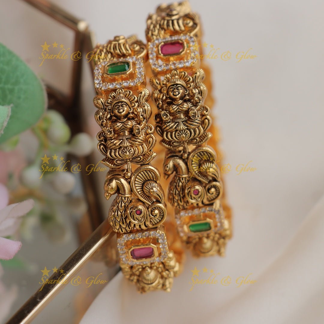 Divine Peacock & Goddess Design Antique gold alike Bangles - Sparkle and Glow - 2.6 -