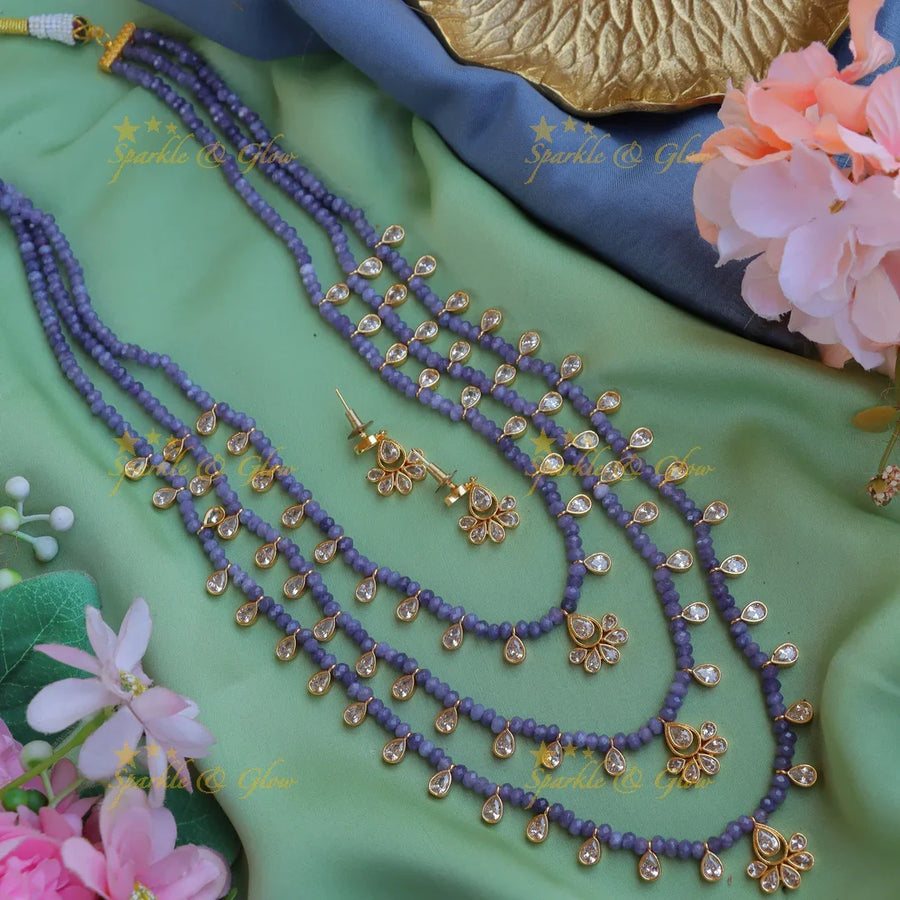Elegant Three Layered Kundan Floral carved beaded Haram-Purple - Sparkle and Glow