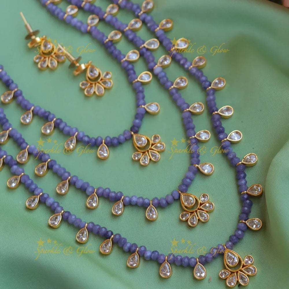 Elegant Three Layered Kundan Floral carved beaded Haram-Purple - Sparkle and Glow