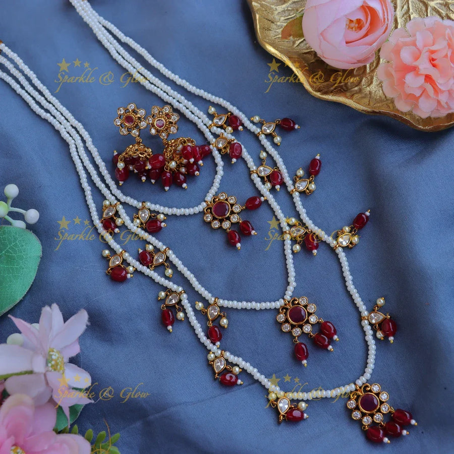 Stunning Jadau Replica Floral design Theenlada Rani Haram-Red - Sparkle and Glow