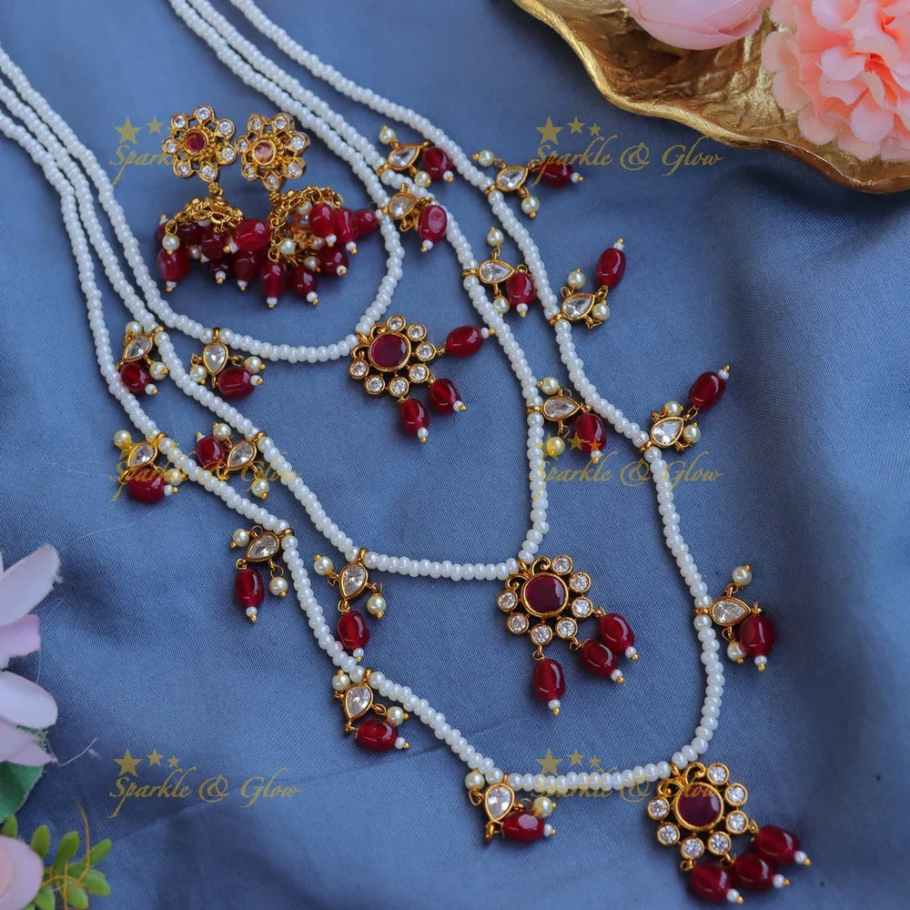 Stunning Jadau Replica Floral design Theenlada Rani Haram-Red - Sparkle and Glow