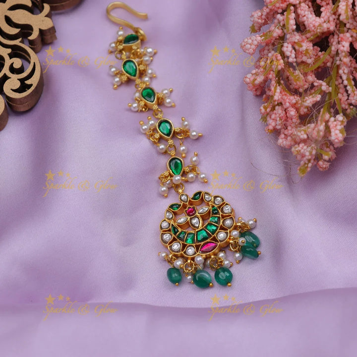 Stunning Jadau Kundan Half moon Floral design Maangtikka with green beads - Sparkle and Glow