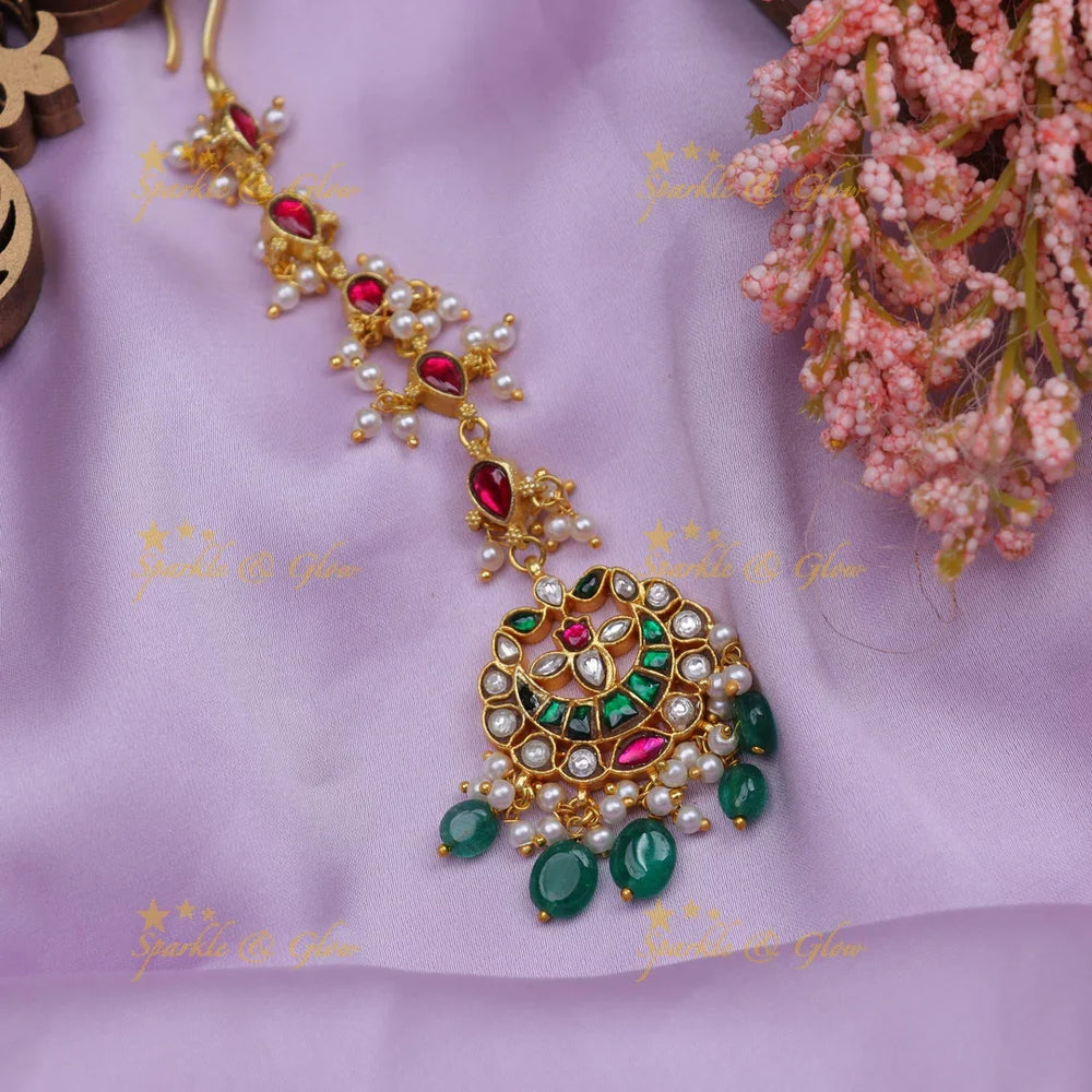 Stunning Jadau Kundan Half moon Floral design Maangtikka with green beads - Sparkle and Glow