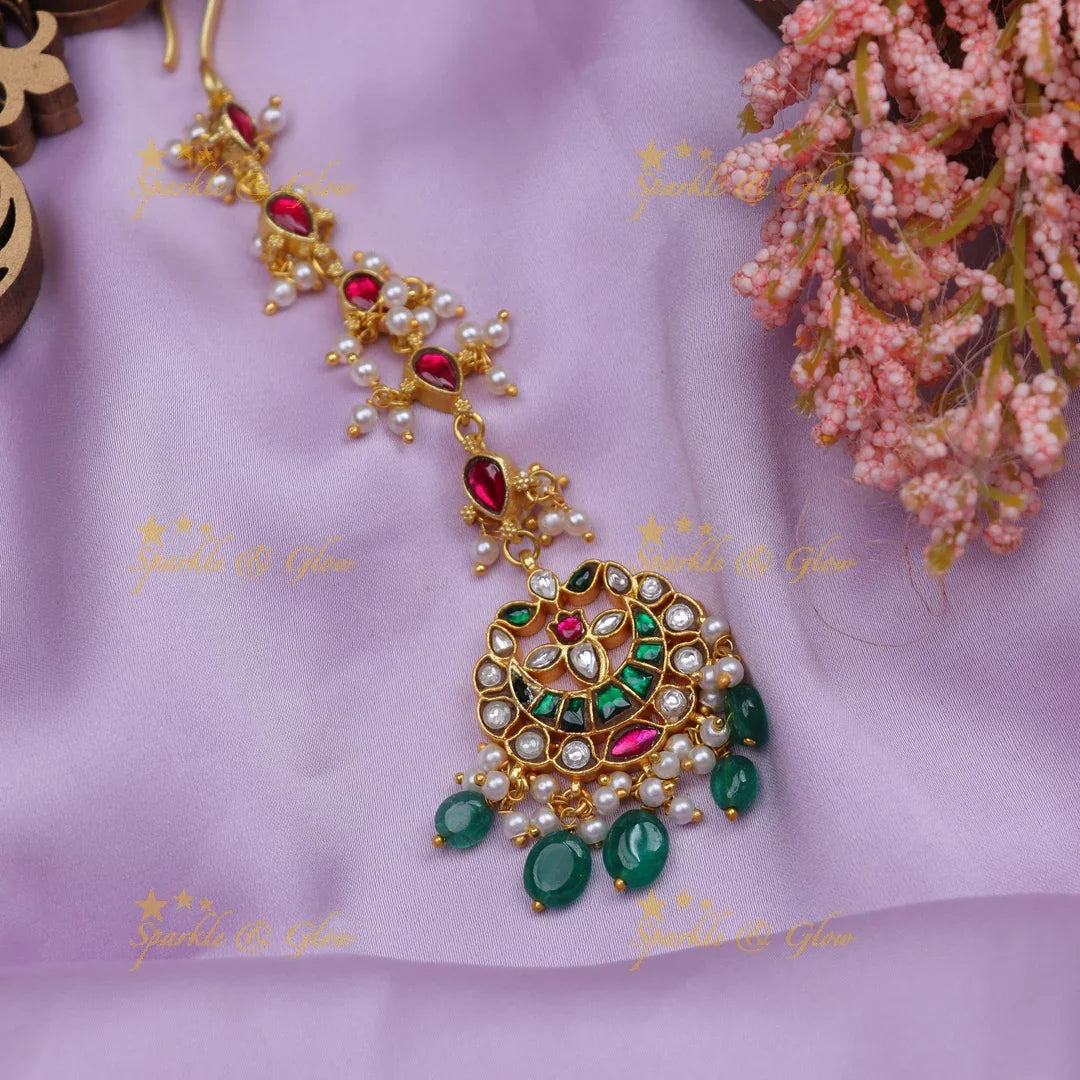 Stunning Jadau Kundan Half moon Floral design Maangtikka with green beads - Sparkle and Glow
