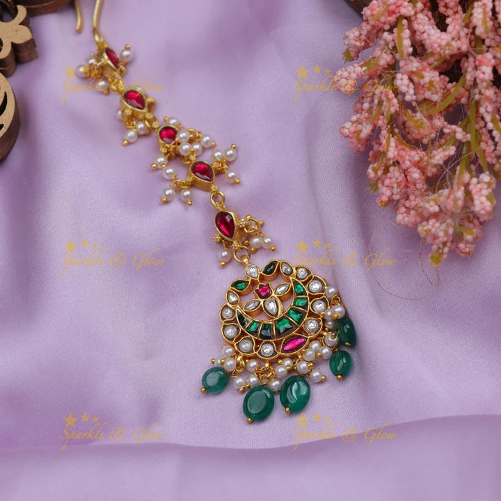 Stunning Jadau Kundan Half moon Floral design Maangtikka with green beads - Sparkle and Glow
