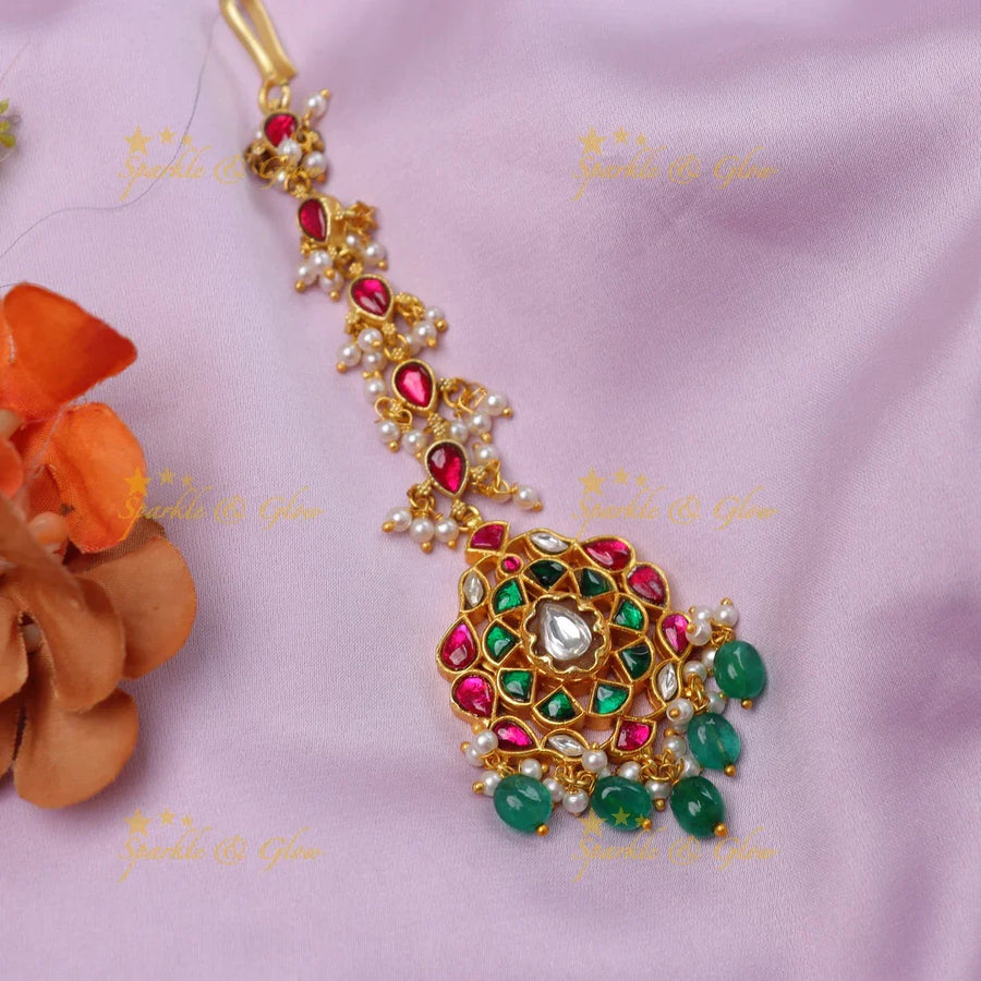 Bridal Jadau Kundan Floral Maang Tikka with Ruby & Emerald Accents - Sparkle and Glow