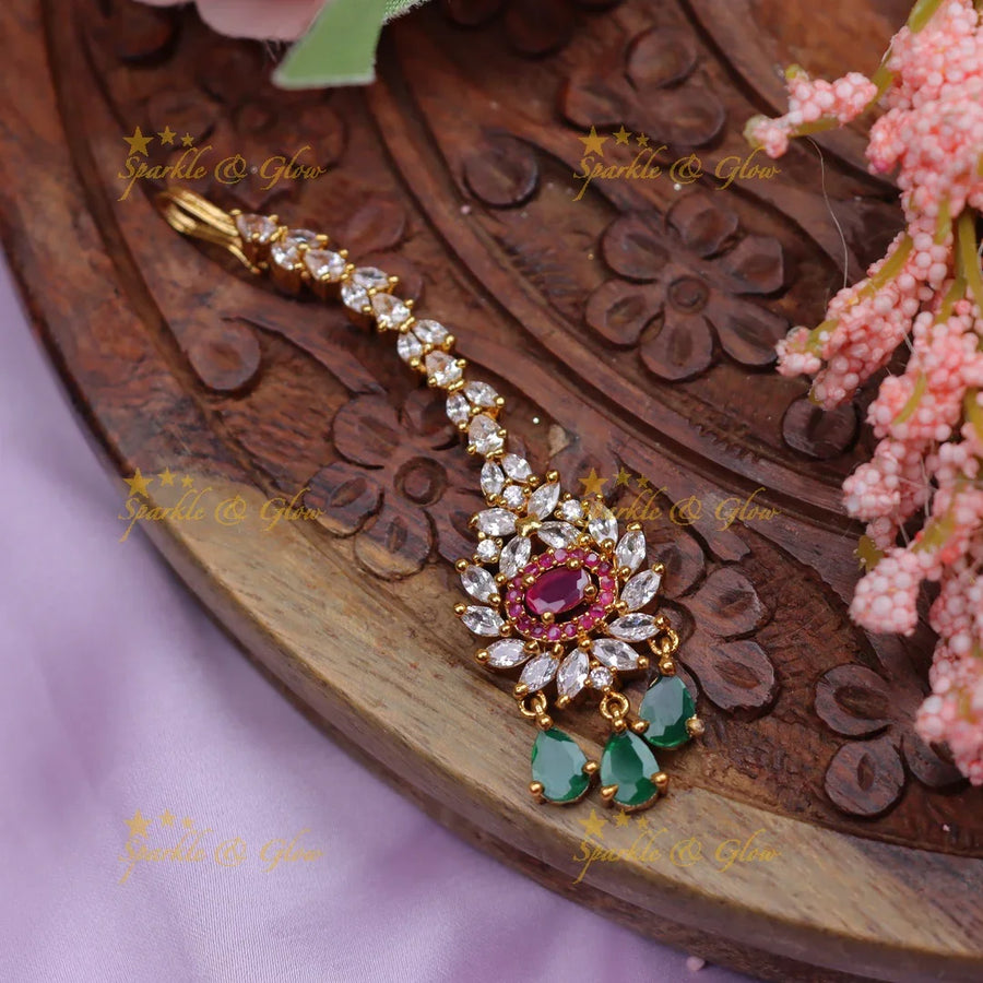 Elegant CZ Maang Tikka with Ruby & Emerald Drops - Sparkle and Glow