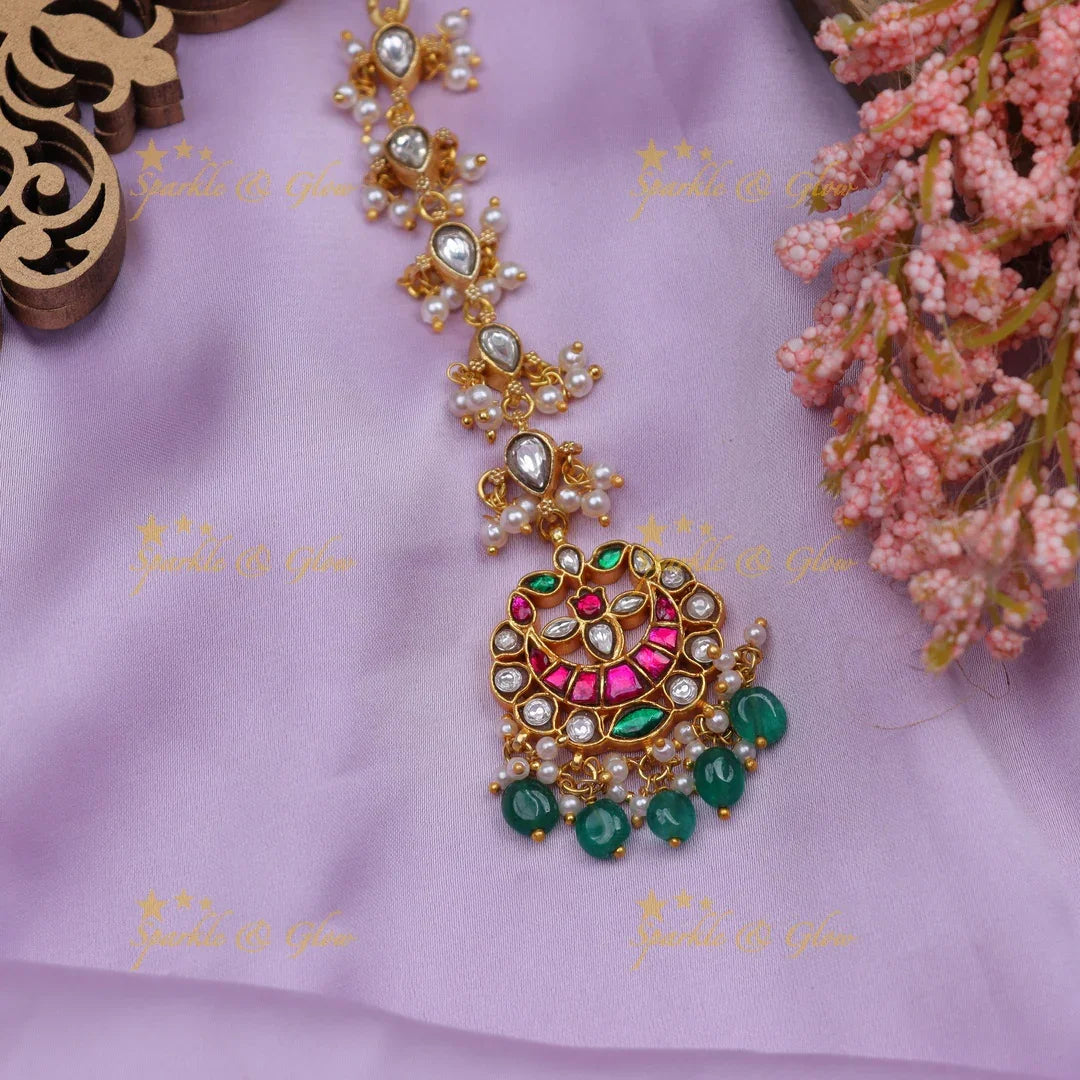 Stunning Jadau Kundan Half moon Floral design Maangtikka with green beads - Sparkle and Glow