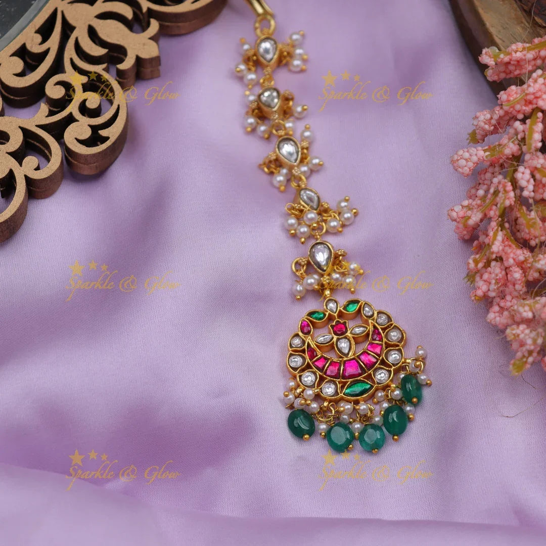Stunning Jadau Kundan Half moon Floral design Maangtikka with green beads - Sparkle and Glow