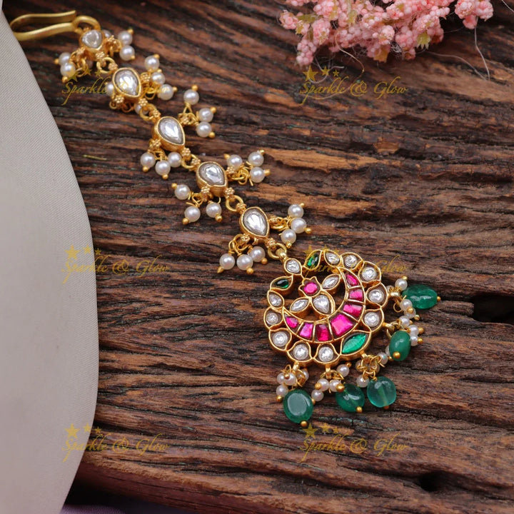 Stunning Jadau Kundan Half moon Floral design Maangtikka with green beads - Sparkle and Glow
