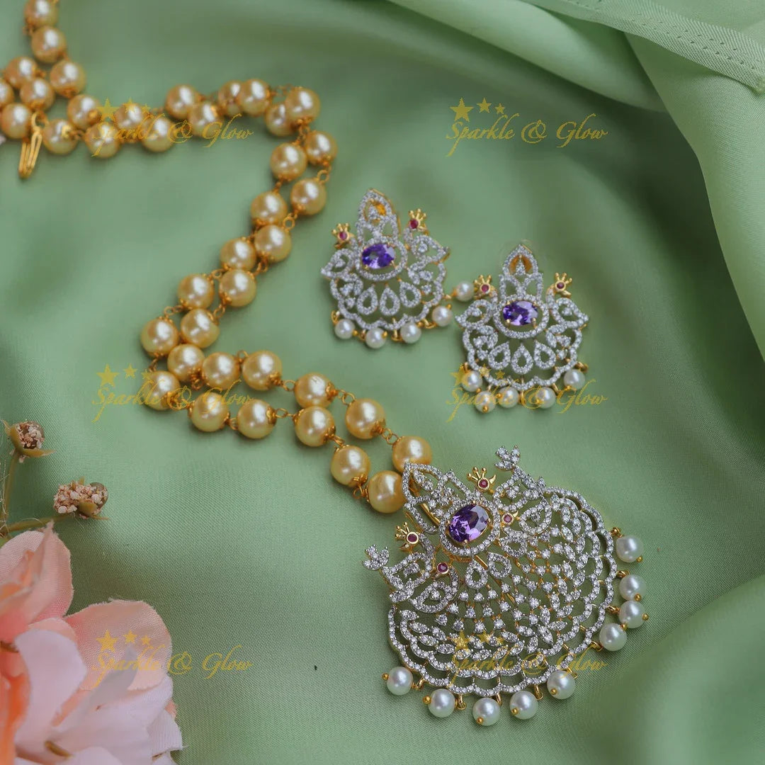 Sparkling GJ polish Crown Peacock carved pendant chain with pearls-Purple - Sparkle and Glow