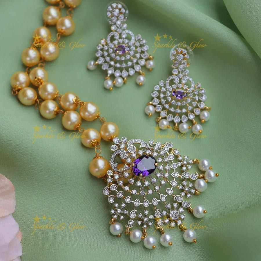 Beautiful GJ polish Peacock Floral carved pendent chain with pearls-Purple - Sparkle and Glow