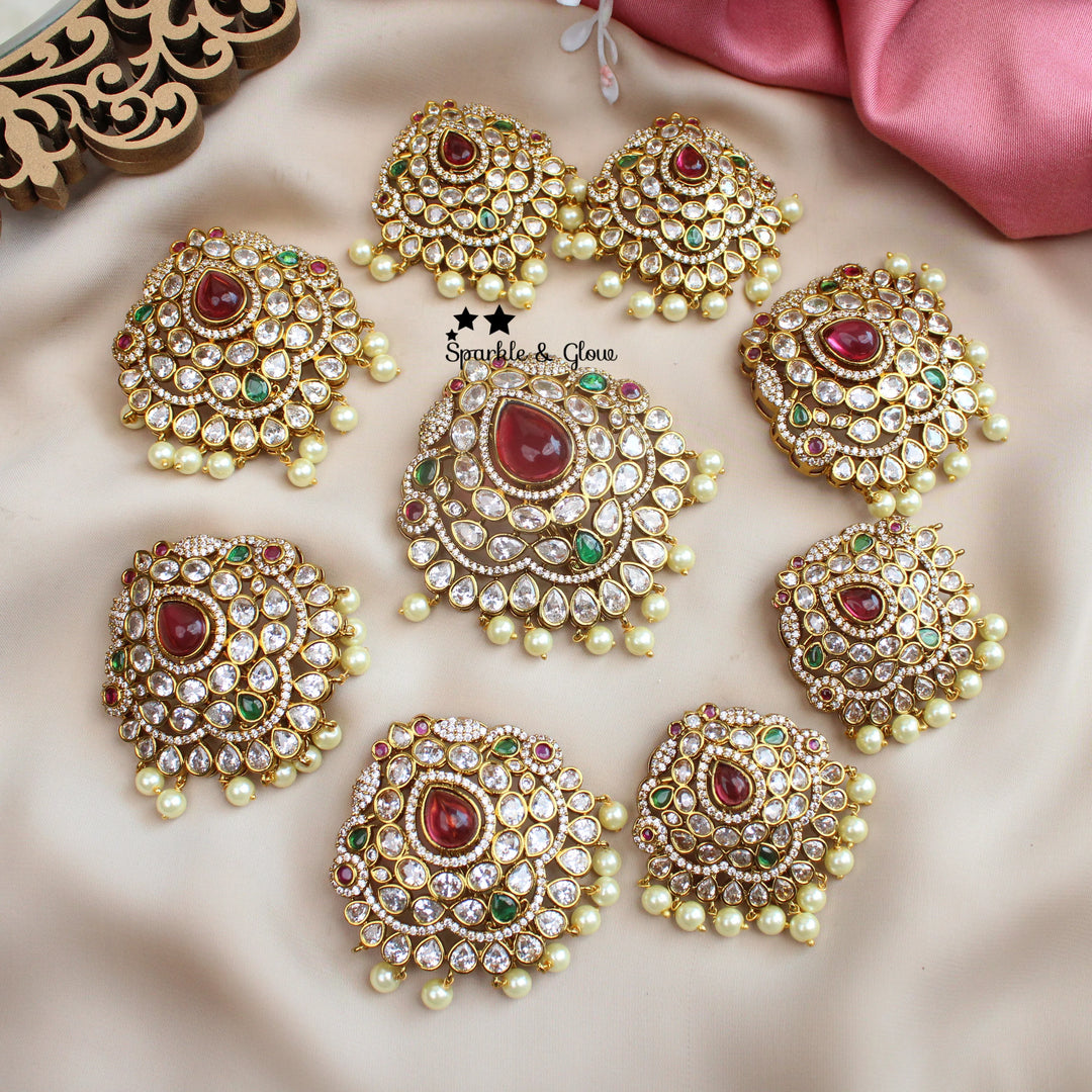 Bridal Jada Billa Set – Kundan, Ruby & Pearl Hair Ornaments (9 Pieces) - Sparkle and Glow