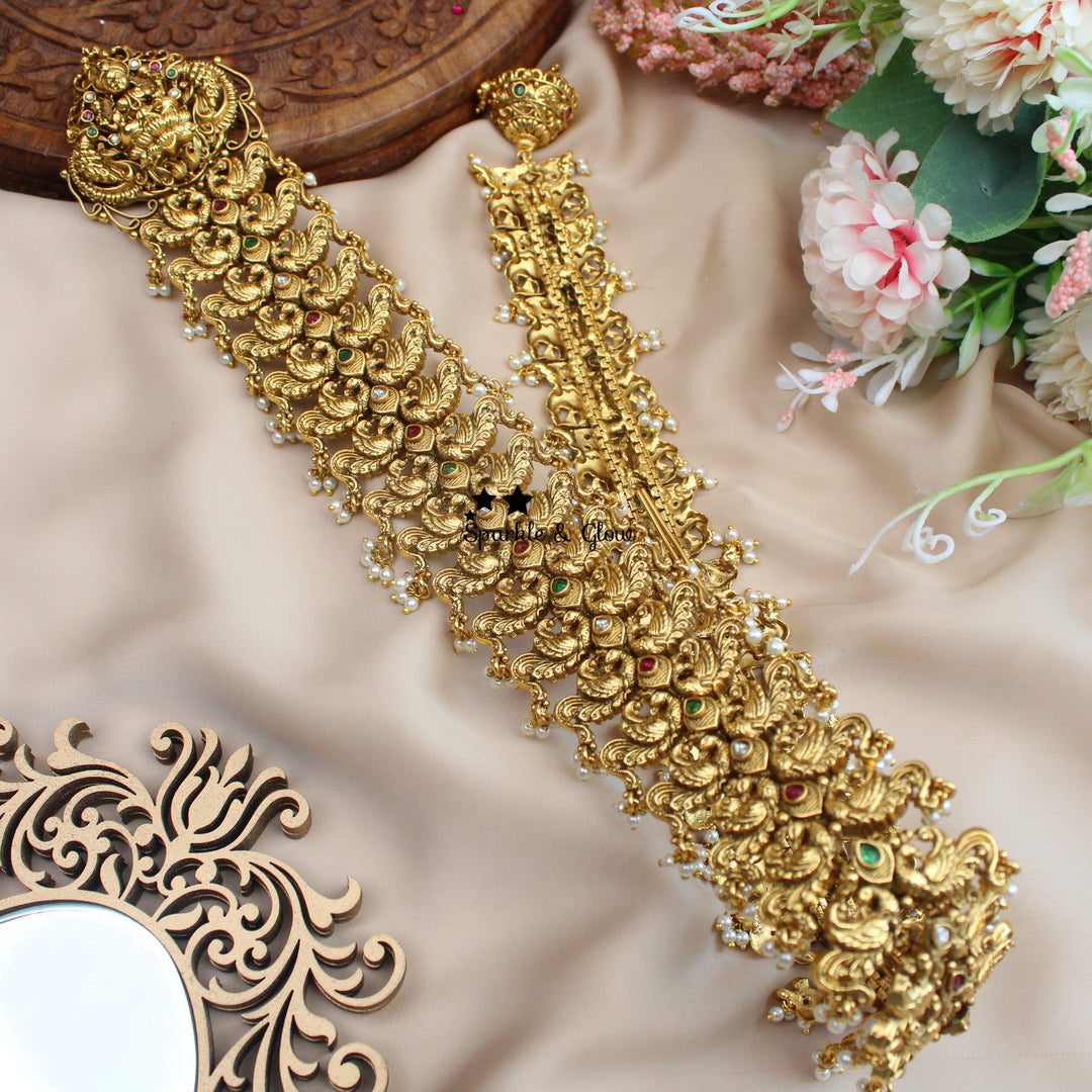 Antique Gold alike Idol Lakshmi Peacock carved Bridal jadabilla with pearl drops