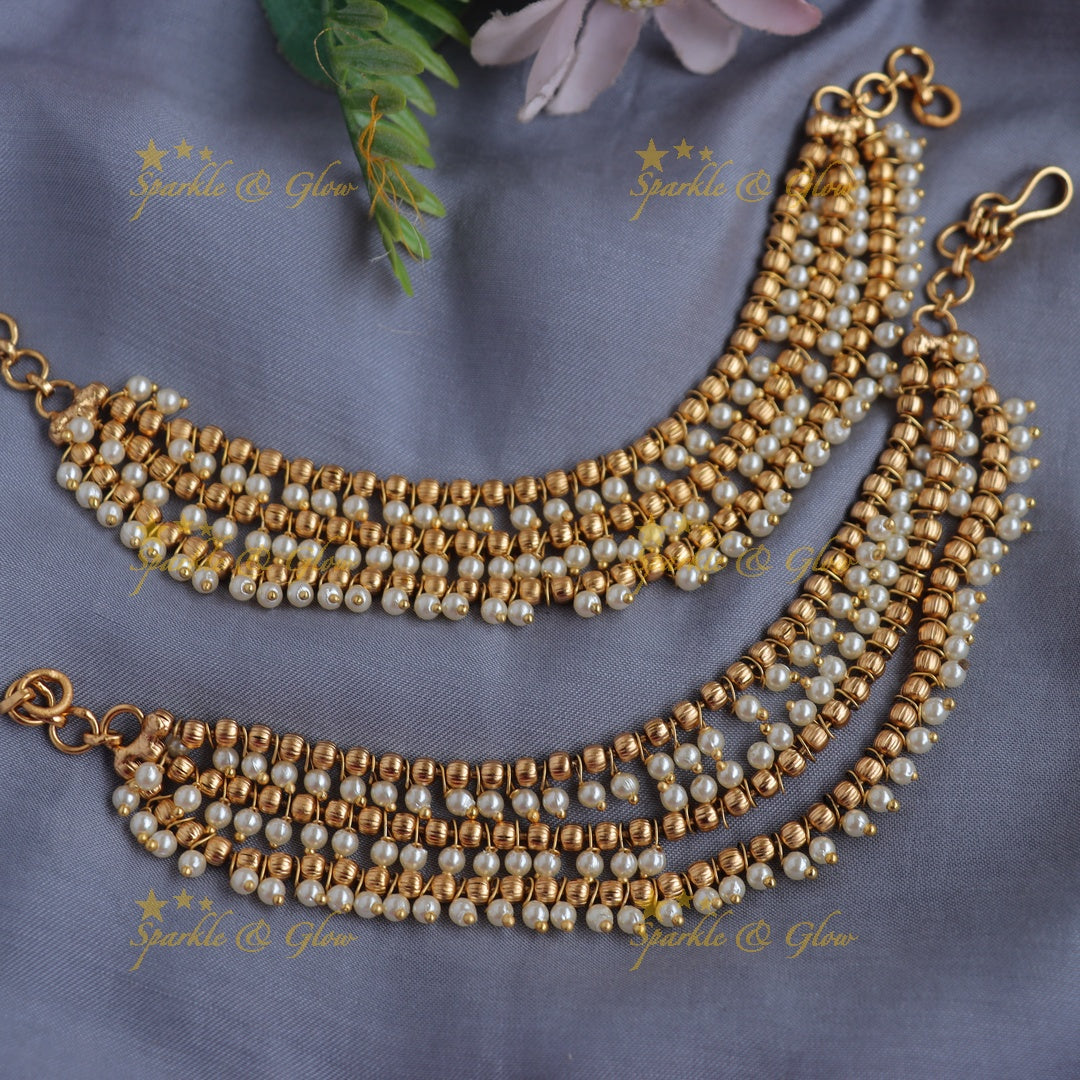 Elegant Gold alike Multi-Layer Gold & Pearl beads Ear Chain