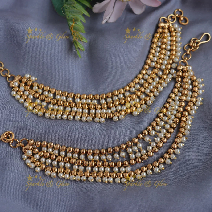 Elegant Gold alike Multi-Layer Gold & Pearl beads Ear Chain - Sparkle and Glow