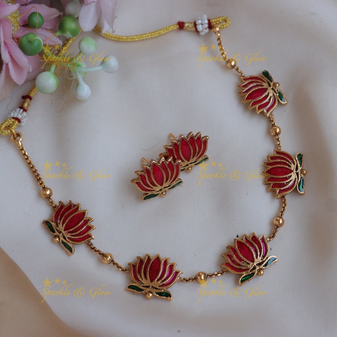 Stunning gold alike Pancha Lotus Floral carved short necklace - Sparkle and Glow -