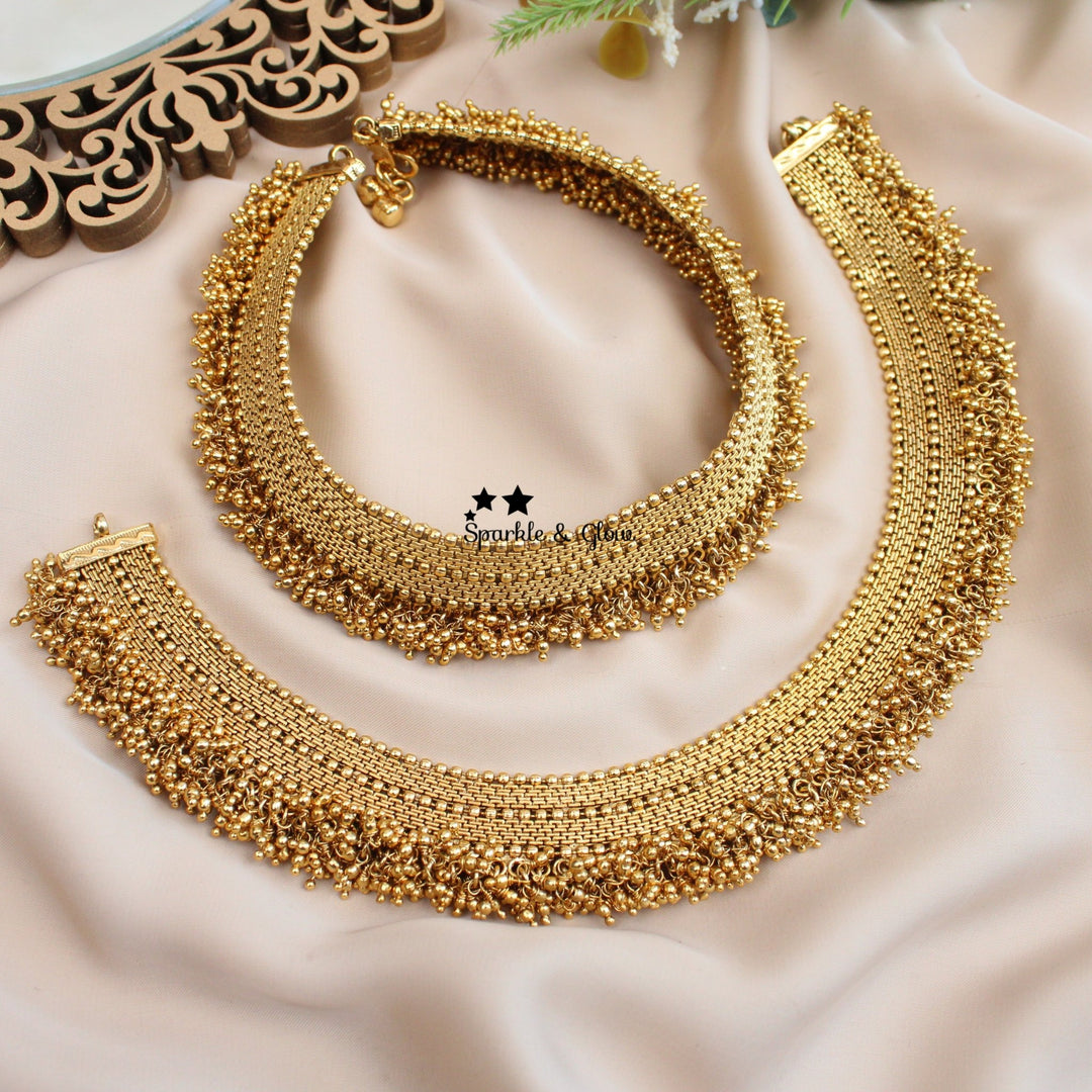 Stunning Antique gold alike Heavy bridal Anklets with bead fringe - Sparkle and Glow -