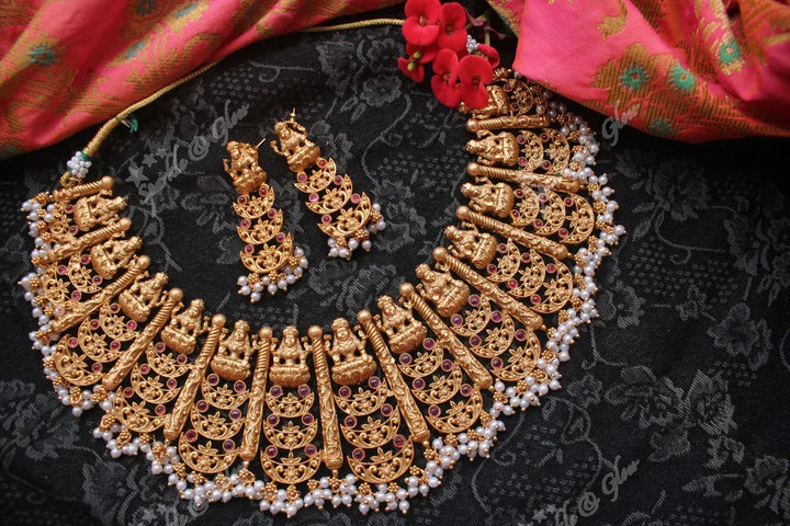 Gold alike polished lakshmi statement choker / Short necklace - Multi - Sparkle and Glow