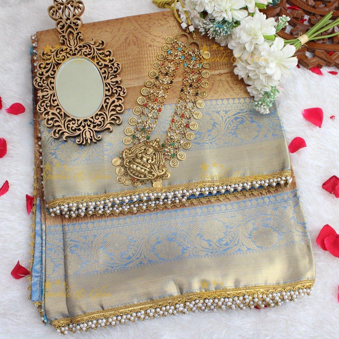 Elegant Golden Beige Banarasi kanjivaram silk Saree with Sky Blue Zari Weave & Pearl Lace Border - Sparkle and Glow