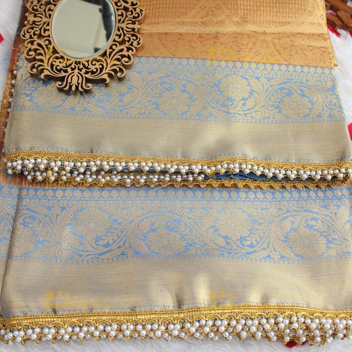 Elegant Golden Beige Banarasi kanjivaram silk Saree with Sky Blue Zari Weave & Pearl Lace Border - Sparkle and Glow