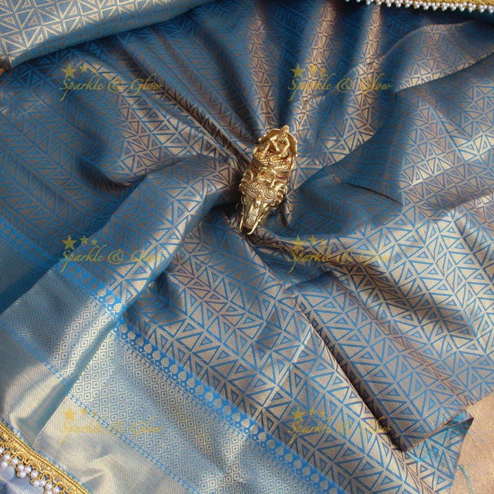 Elegant Golden Beige Banarasi kanjivaram silk Saree with Sky Blue Zari Weave & Pearl Lace Border - Sparkle and Glow