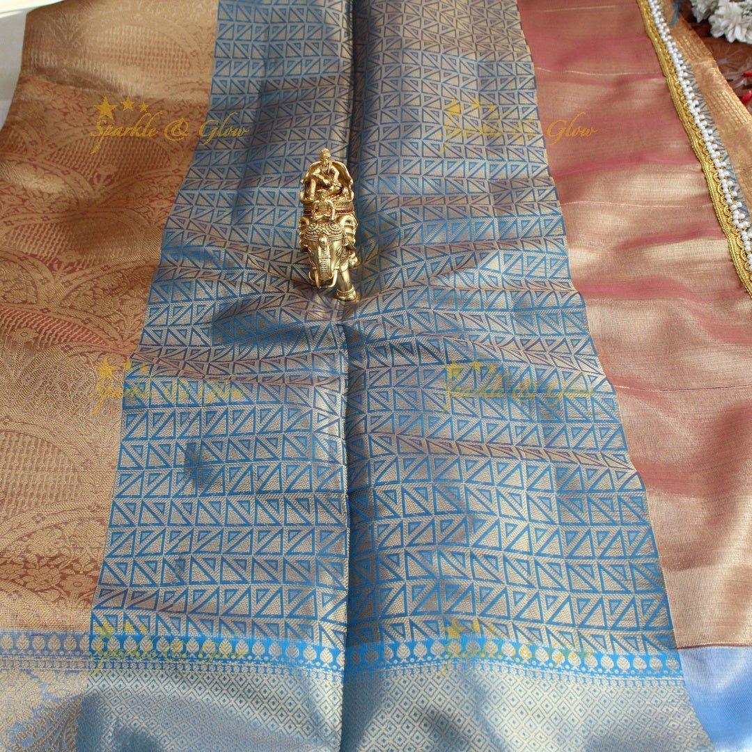 Elegant Golden Beige Banarasi kanjivaram silk Saree with Sky Blue Zari Weave & Pearl Lace Border - Sparkle and Glow